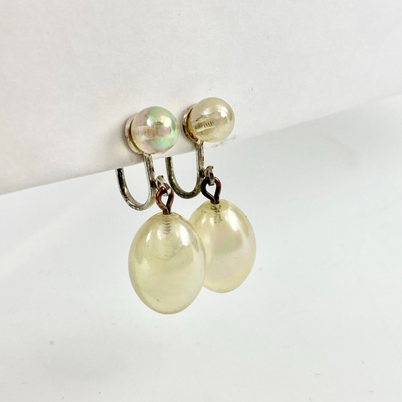 Antique Rainbow Iridescent Bubble Glass Sterling Drop Earrings. Screwback. - Picture 2 of 9